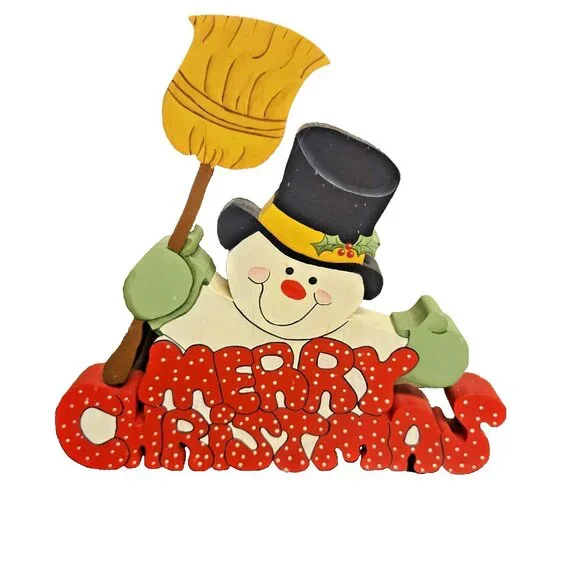 Vintage Hand Painted Wood Santa and Snowman Shelf Sitter Artist Signed Christmas - Picture 3 of 9